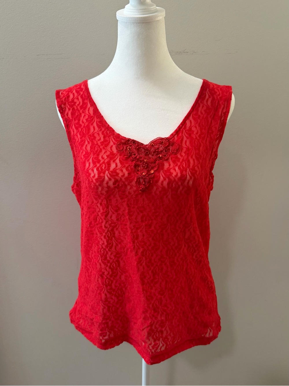 Red Sheer Lace Tank with Embroidered Sequin Neckline